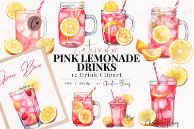 Watercolor Pink Lemonade Drinks Clipart