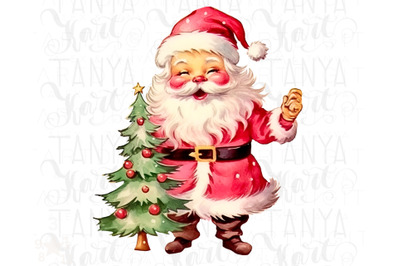 Retro Santa Art with Pine Tree PNG Download for Sublimation Graphics