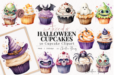 Watercolor Halloween Cupcakes Clipart