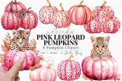 Watercolor Pink Leopard Pumpkins Clipart