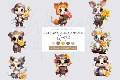 Cute woodland animals with flowers