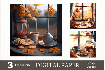 Tea Fall Digital Paper PNG. Cozy Autumn Digital Paper PNG