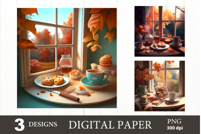Cozy Fall Digital Paper PNG. Fall Window Tea PNG