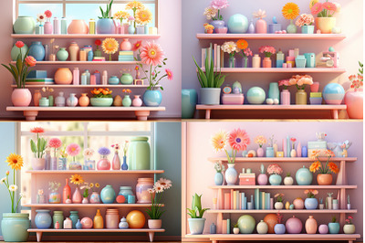 a shelf with vases and flowers on it