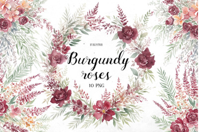 Watercolor Burgundy Roses Bundle | PNG cliparts