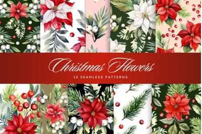 Watercolor Christmas Seamless Pattern Poinsettia Flower