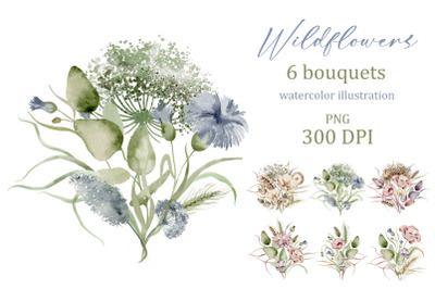 Wildflowers Watercolor Bouquets | 6 PNG items