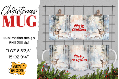 Christmas sublimation mug wrap. Christmas deer in forest PNG