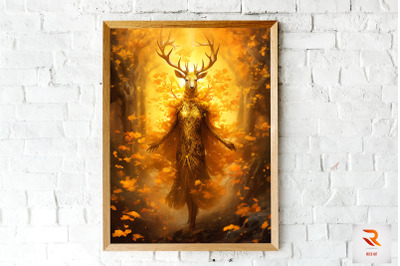 Golden Magic Deer Fantasy Wall Art