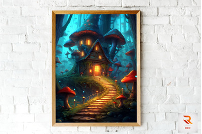 Beautiful Fairy Mushroom House Wall Art