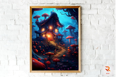 Beautiful Fairy Mushroom House Wall Art