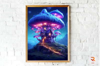 Night Fantasy Mushroom House Wall Art