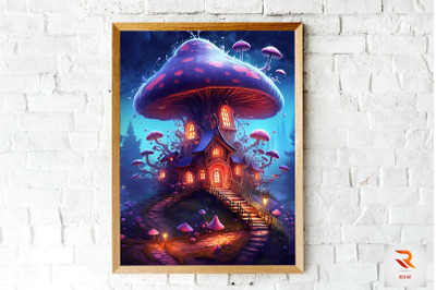 Night Fantasy Mushroom House Wall Art