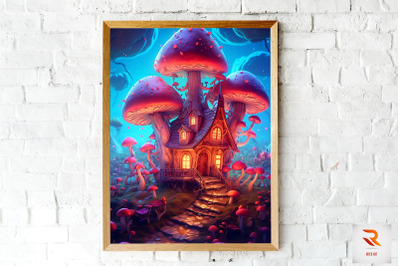 Night Fantasy Mushroom House Wall Art