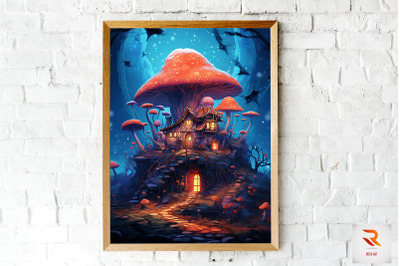 Night Fantasy Mushroom House Wall Art