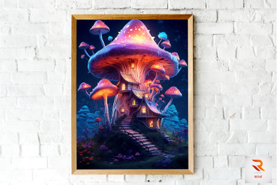 Night Fantasy Mushroom House Wall Art