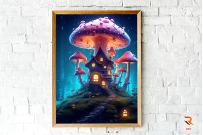 Night Fantasy Mushroom House Wall Art