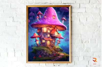 Night Fantasy Mushroom House Wall Art