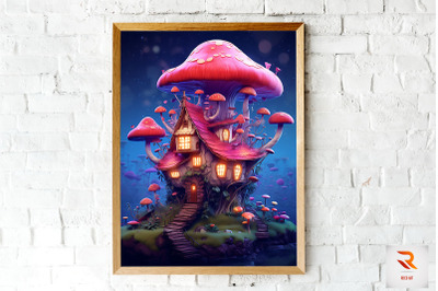 Night Fantasy Mushroom House Wall Art