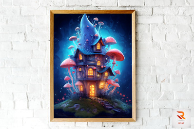 Night Fantasy Mushroom House Wall Art