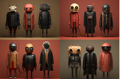 three robots in coats and helmets stand in a row
