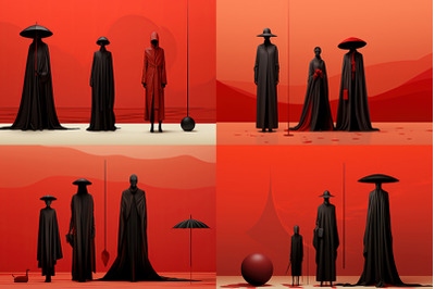 three people in black robes and hats stand in front of a red backgroun