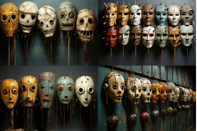 a group of masks with spikes on them