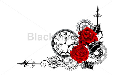 Corner Composition with Clock and Red Roses