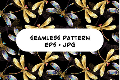 Seamless Pattern with Golden Dragonflies