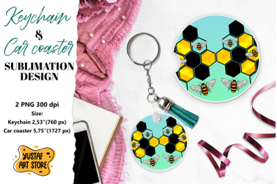 Bee Keychain sublimation. Bee Car coaster sublimation.