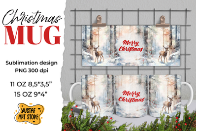 Christmas sublimation mug wrap. Christmas deer in forest PNG