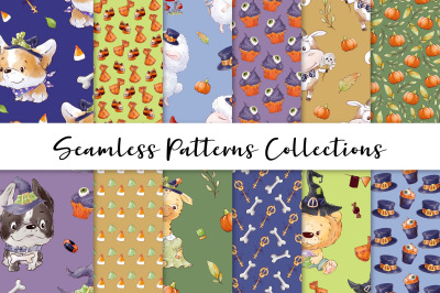 Cute Halloween Animals. Set of seamless patterns digital paper.