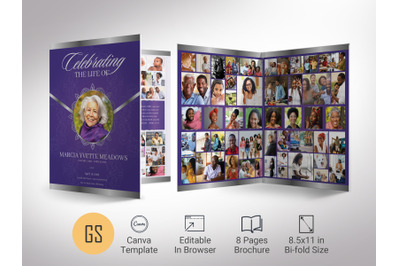 Victory Tabloid Funeral Program Canva Template in Purple | 8 Pages