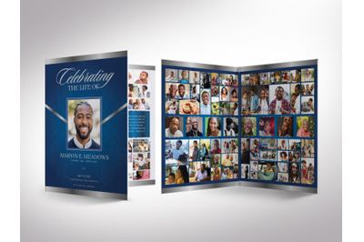 Victory Tabloid Funeral Program Canva Template in Blue | 8 Pages