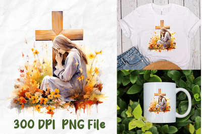 Jesus Christ Girl Prayer Cross Fall Leaf