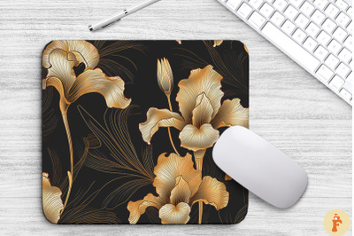 Iris Floral Golden Line Art Mouse Pad