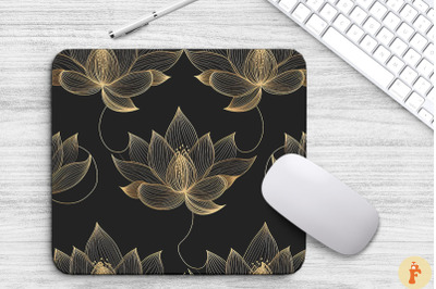 Lotus Floral Golden Line Art Mouse Pad