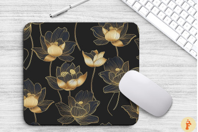 Lotus Floral Golden Line Art Mouse Pad