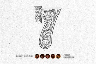 Elegant number 7 monogram logo flourish monochrome