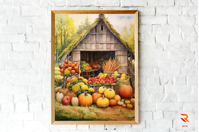 Watercolor Autumm Harvest Farm Wall Art