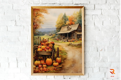 Watercolor Autumm Harvest Farm Wall Art