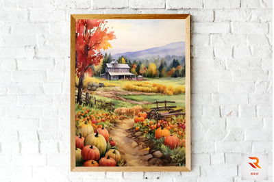 Watercolor Autumm Harvest Farm Wall Art