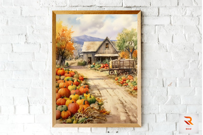 Watercolor Autumm Harvest Farm Wall Art