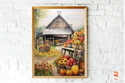 Watercolor Autumm Harvest Farm Wall Art