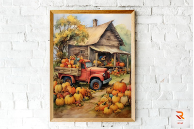 Watercolor Autumm Harvest Farm Wall Art