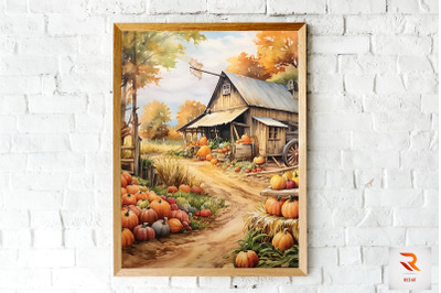 Watercolor Autumm Harvest Farm Wall Art