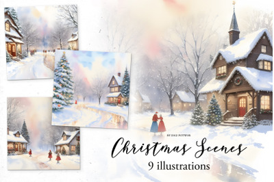Christmas Scenes - Watercolor | Illustration Bundle