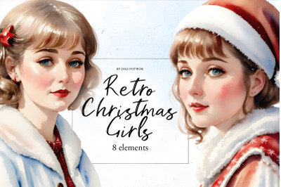 Watercolor Retro Christmas Girl| PNG Clipart bundle