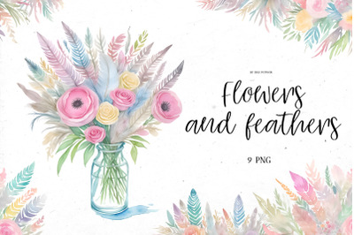 Watercolor &quot;flowers and feathers&quot; Bundle | PNG cliparts