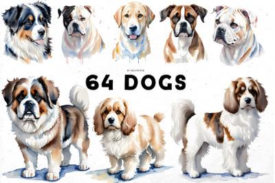 64 DOGS Watercolor Bundle | PNG cliparts